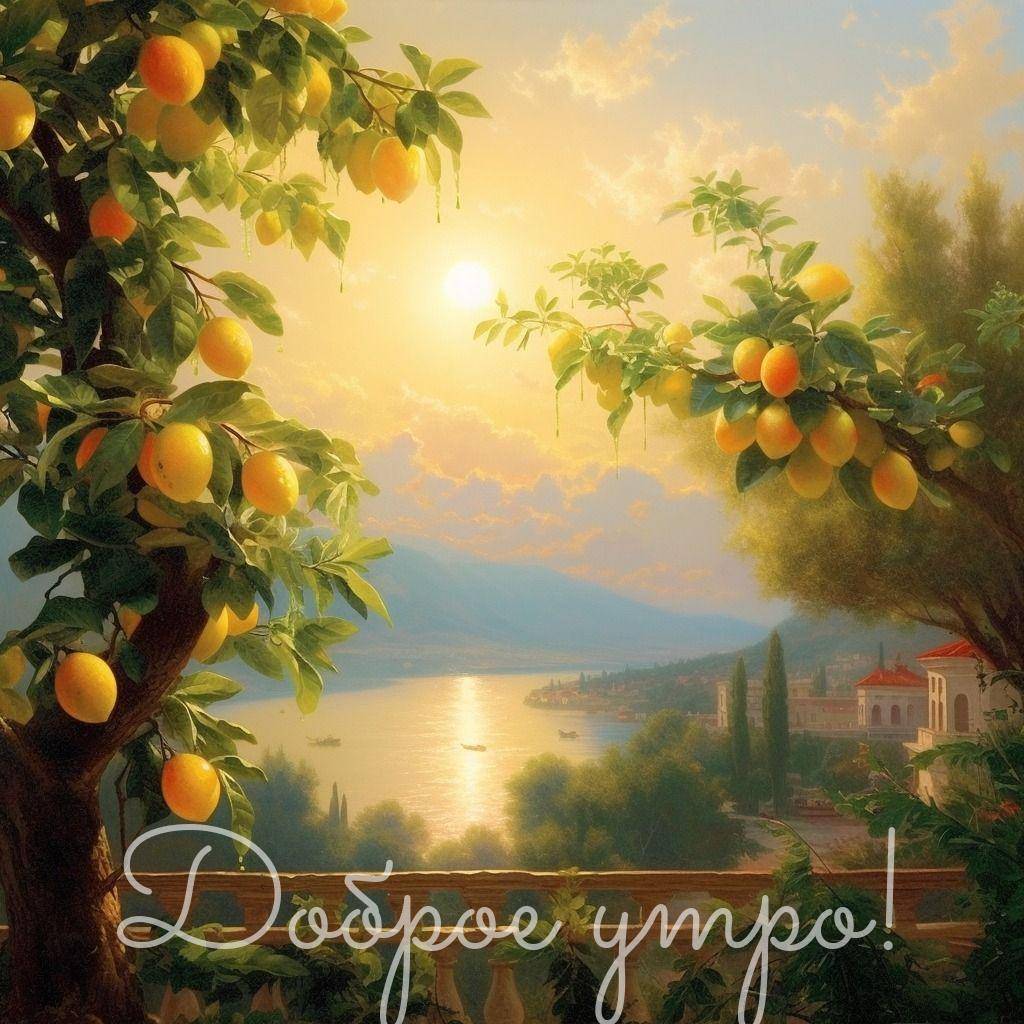 Ветки дерева с лимонами на фоне озера