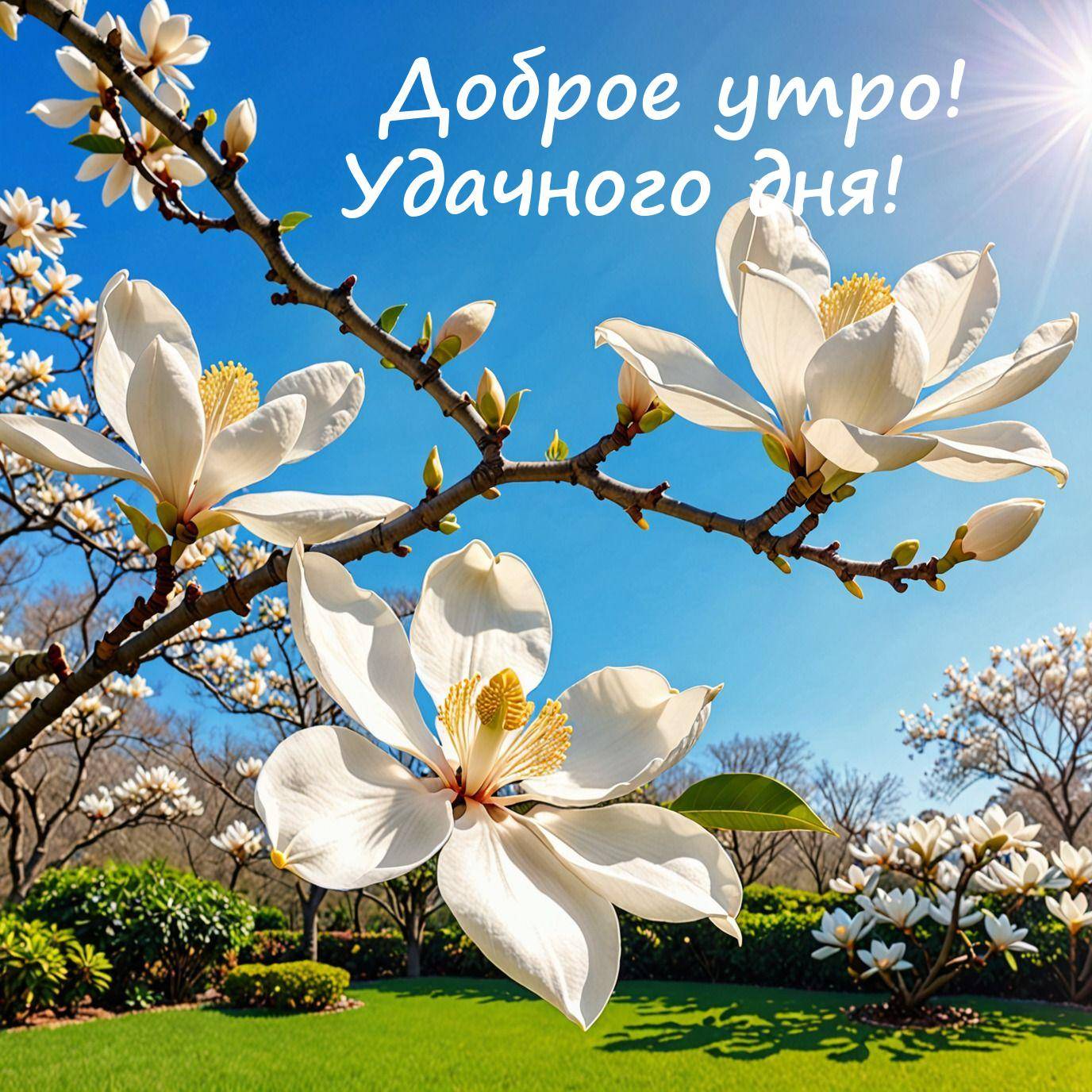 Ветвь магнолии с белыми цветами и зелеными листьями