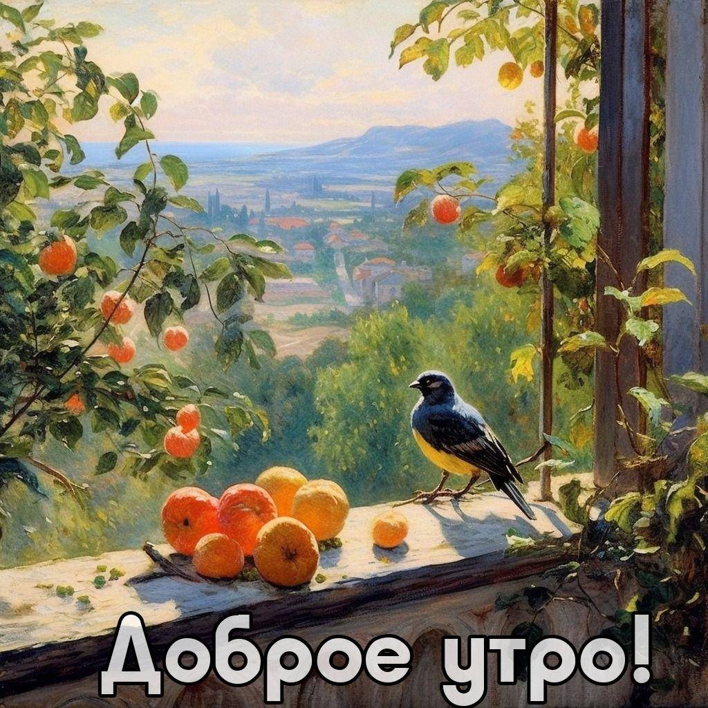 Вид из окна: поле, горы, апельсины, птица