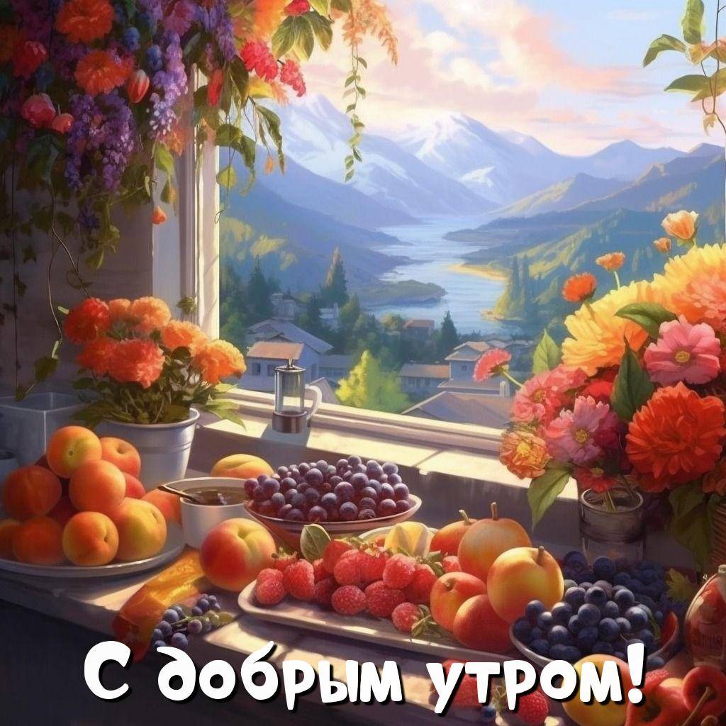 Вид из окна с фруктами и цветами
