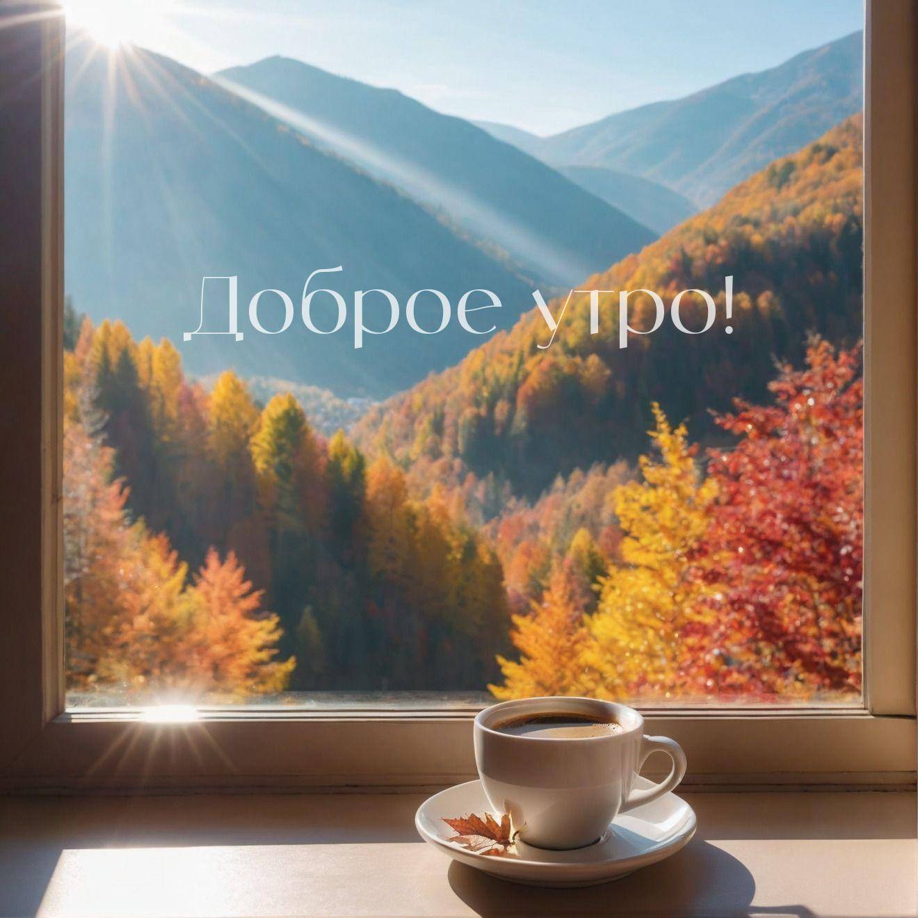 Вид из окна с осенним пейзажем и кофе