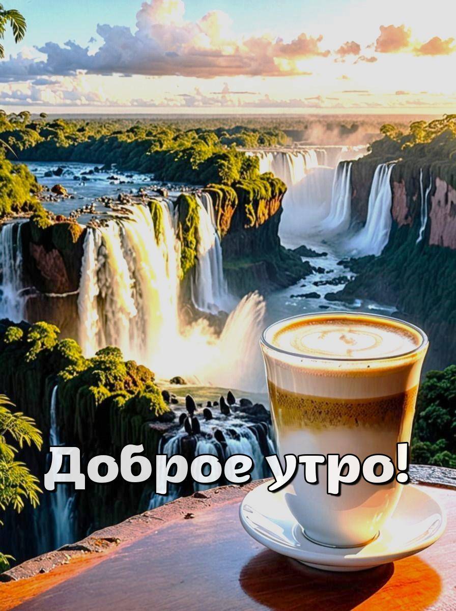 Вид на водопады и стакан кофе на рассвете