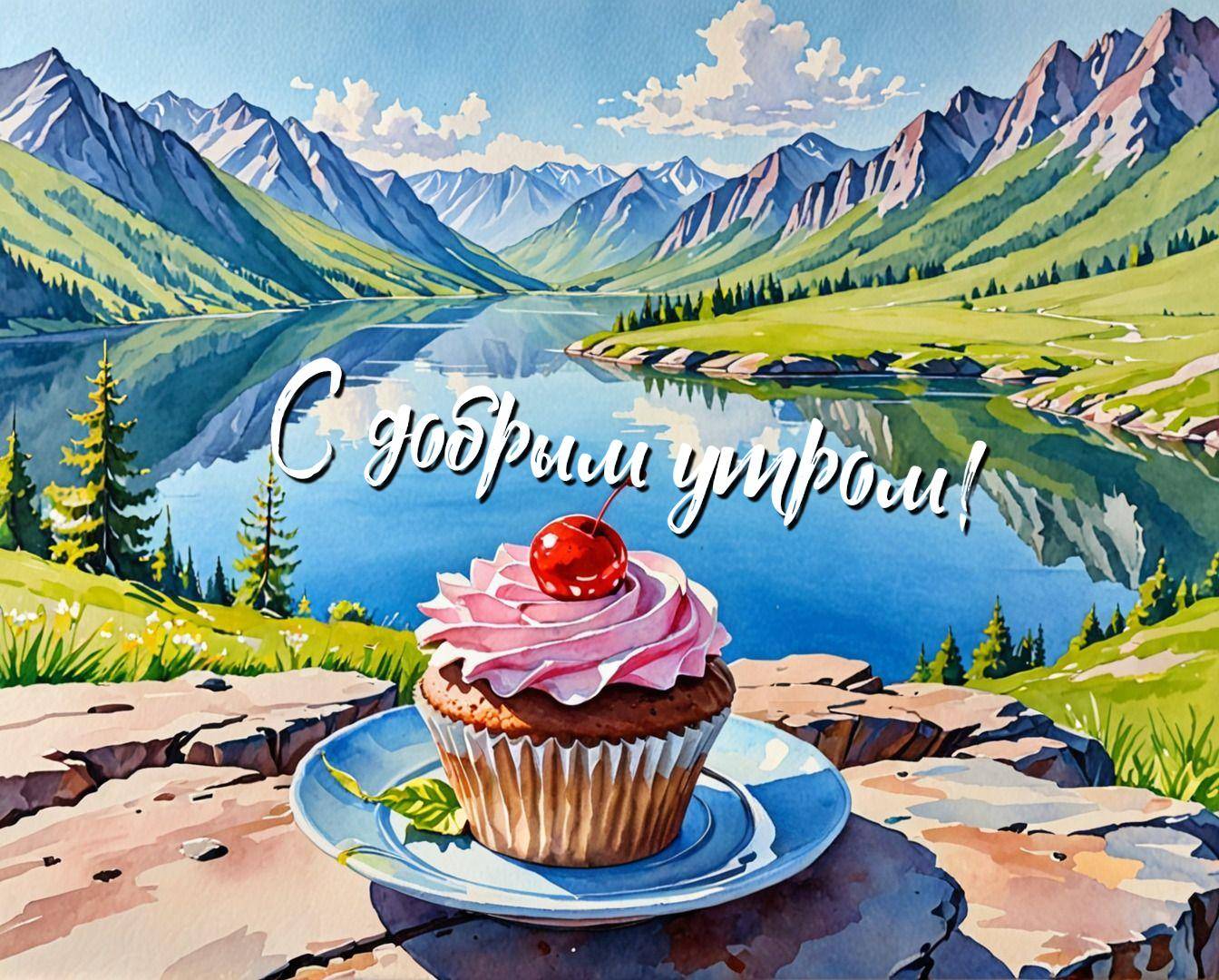 Вкусный капкейк на голубой тарелке, на фоне горы и озеро