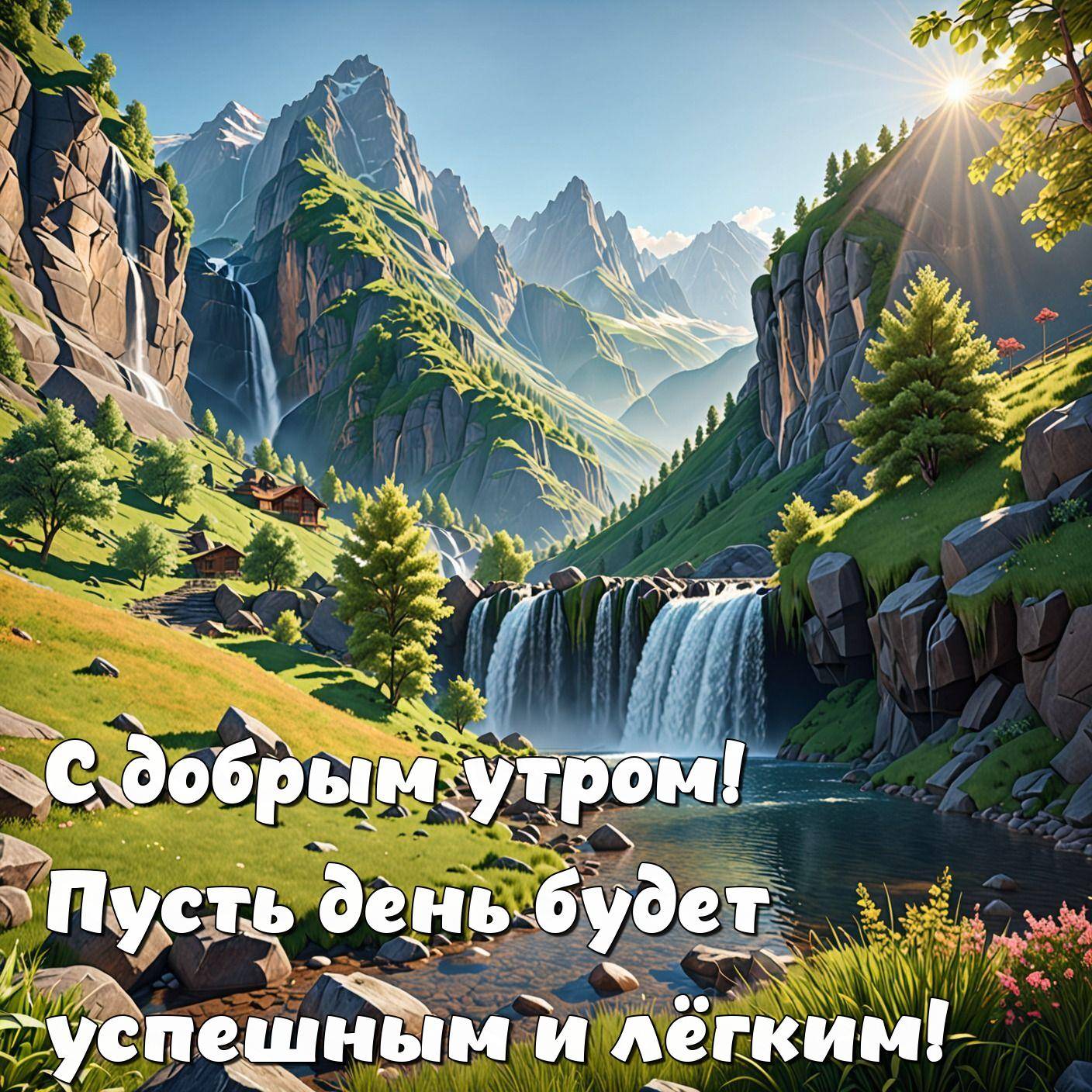 Водопад, горы и озеро с домиками