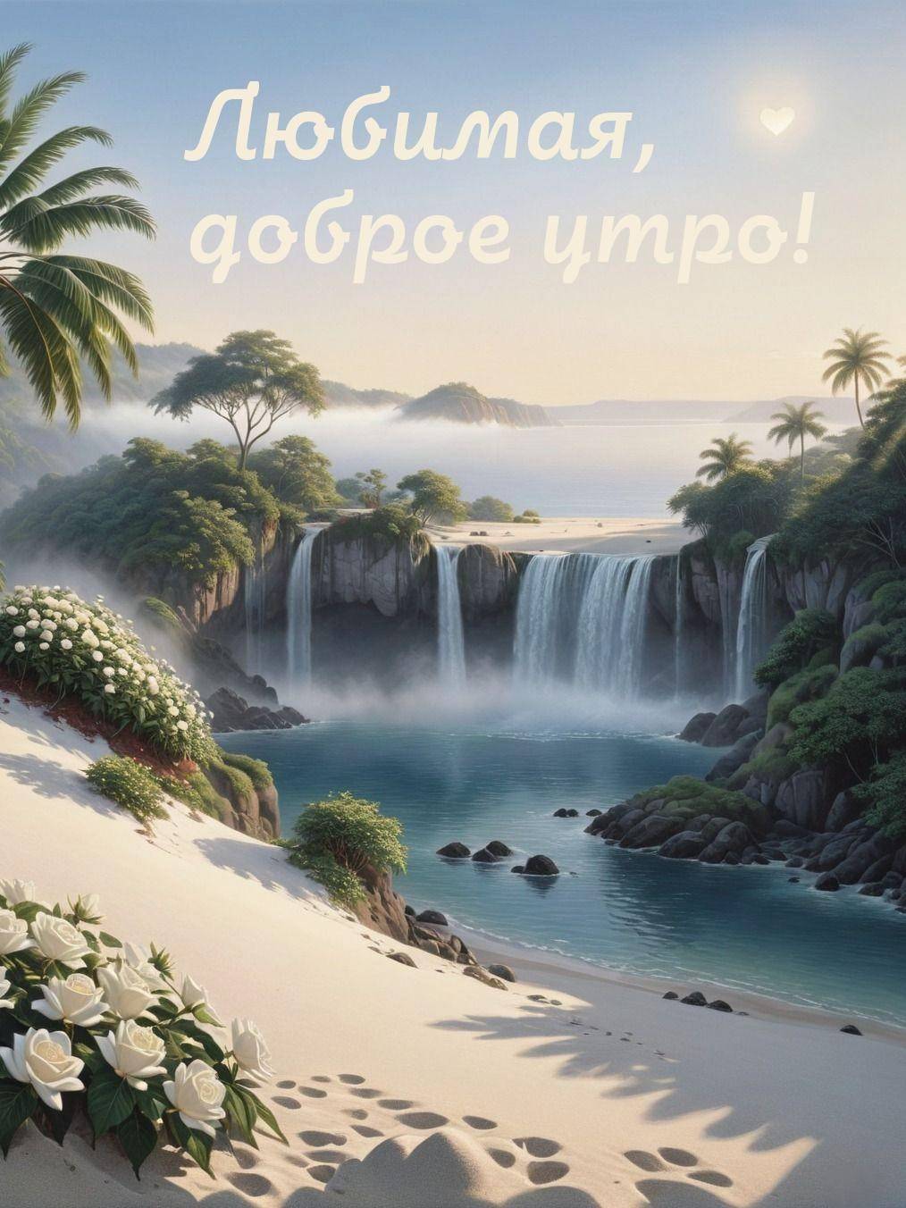 Водопад и белые розы на фоне гор и солнца