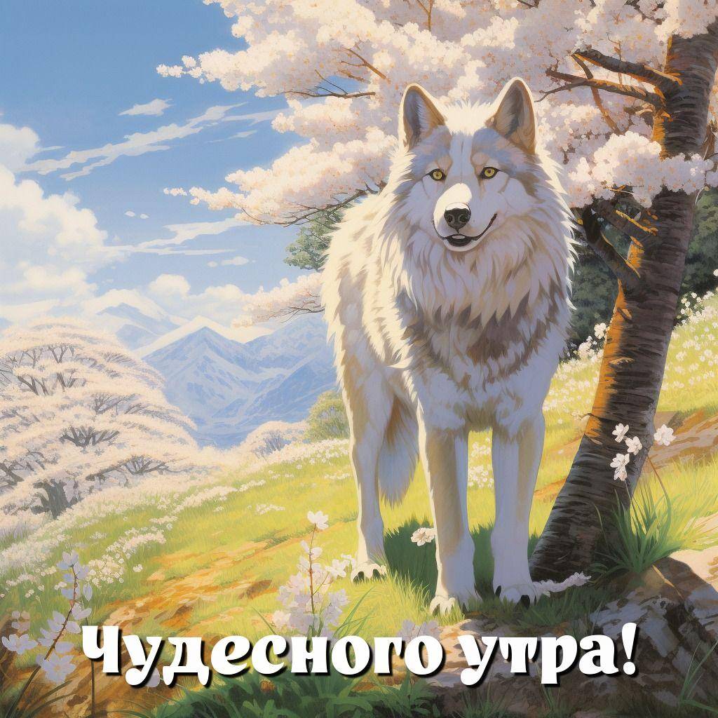 Волк с белоснежной шерстью на зелёной лужайке