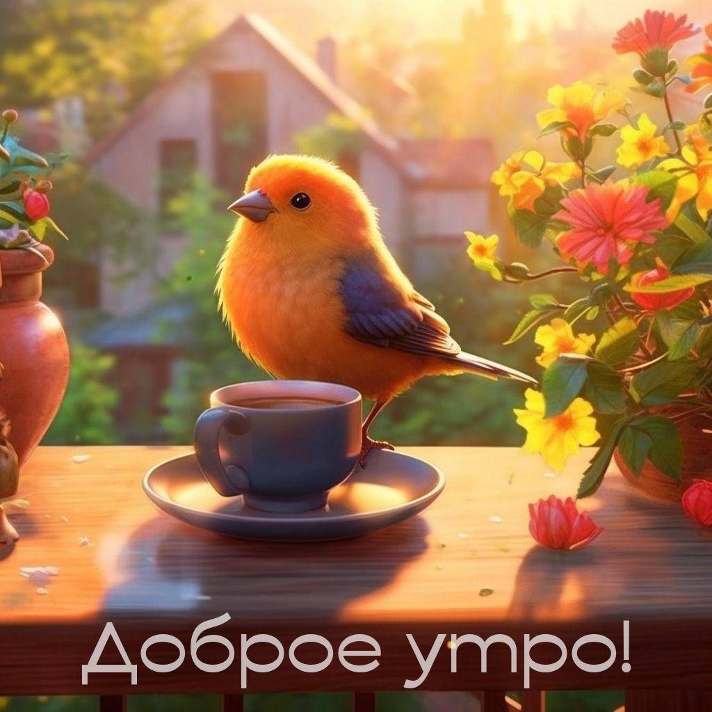 Яркая птичка на столе с чашкой и цветами