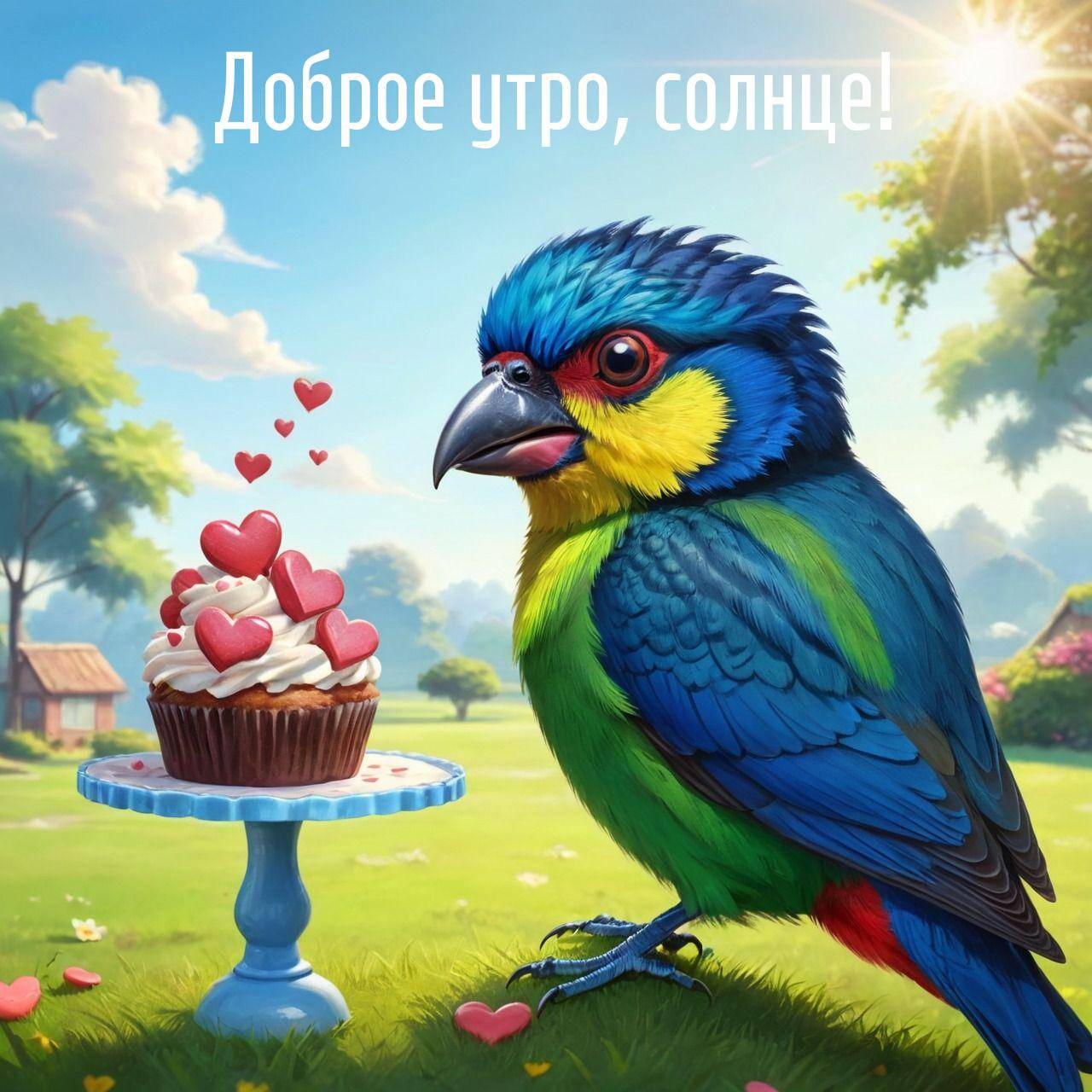 Яркая птица и десерт на фоне зелёного пейзажа