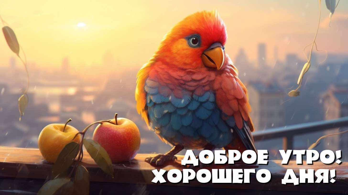 Яркая птица на крыше здания, два яблока рядом, осень.