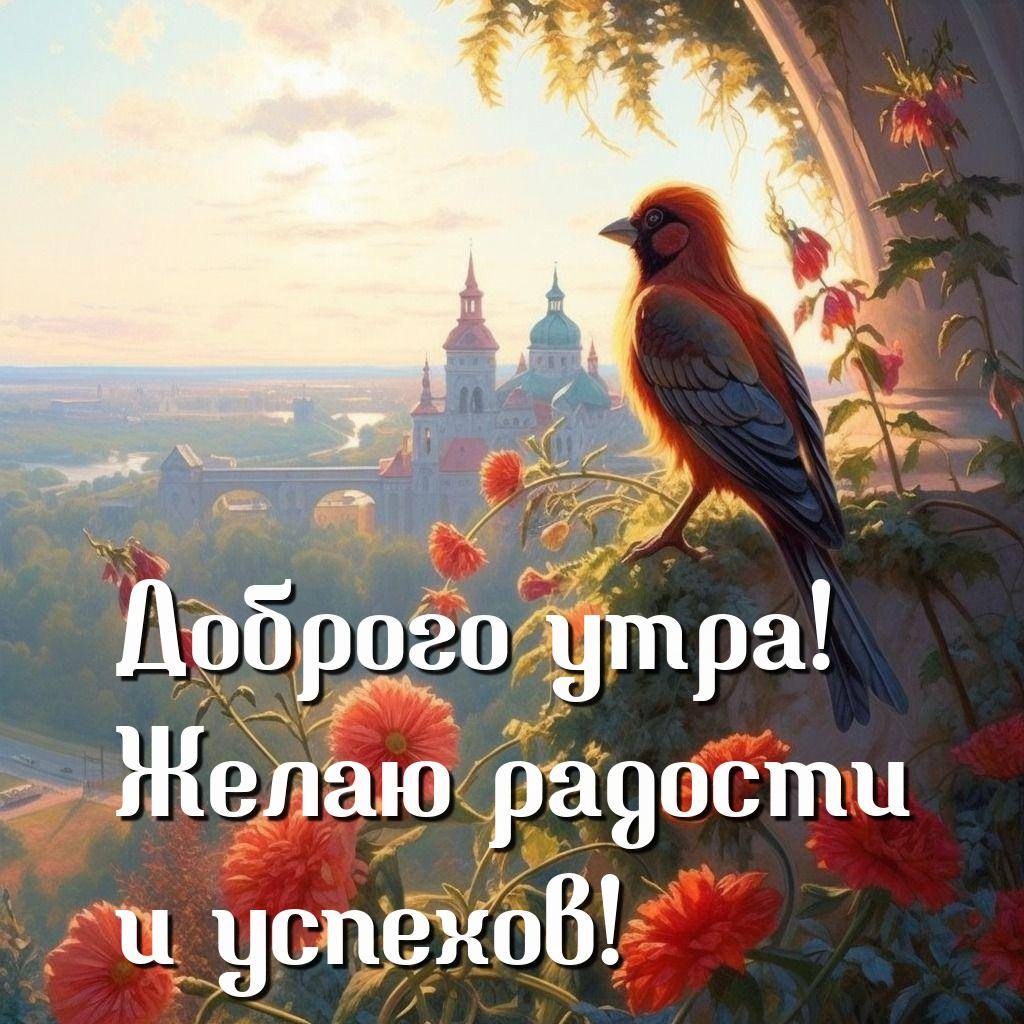 Яркая птица на цветущем кусте перед рассветом