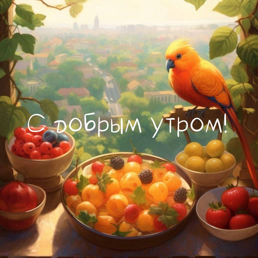 Яркие фрукты и поющая птица на фоне города