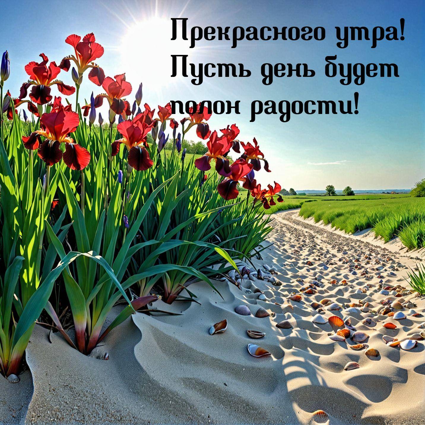 Яркие красные ирисы на зелёном фоне