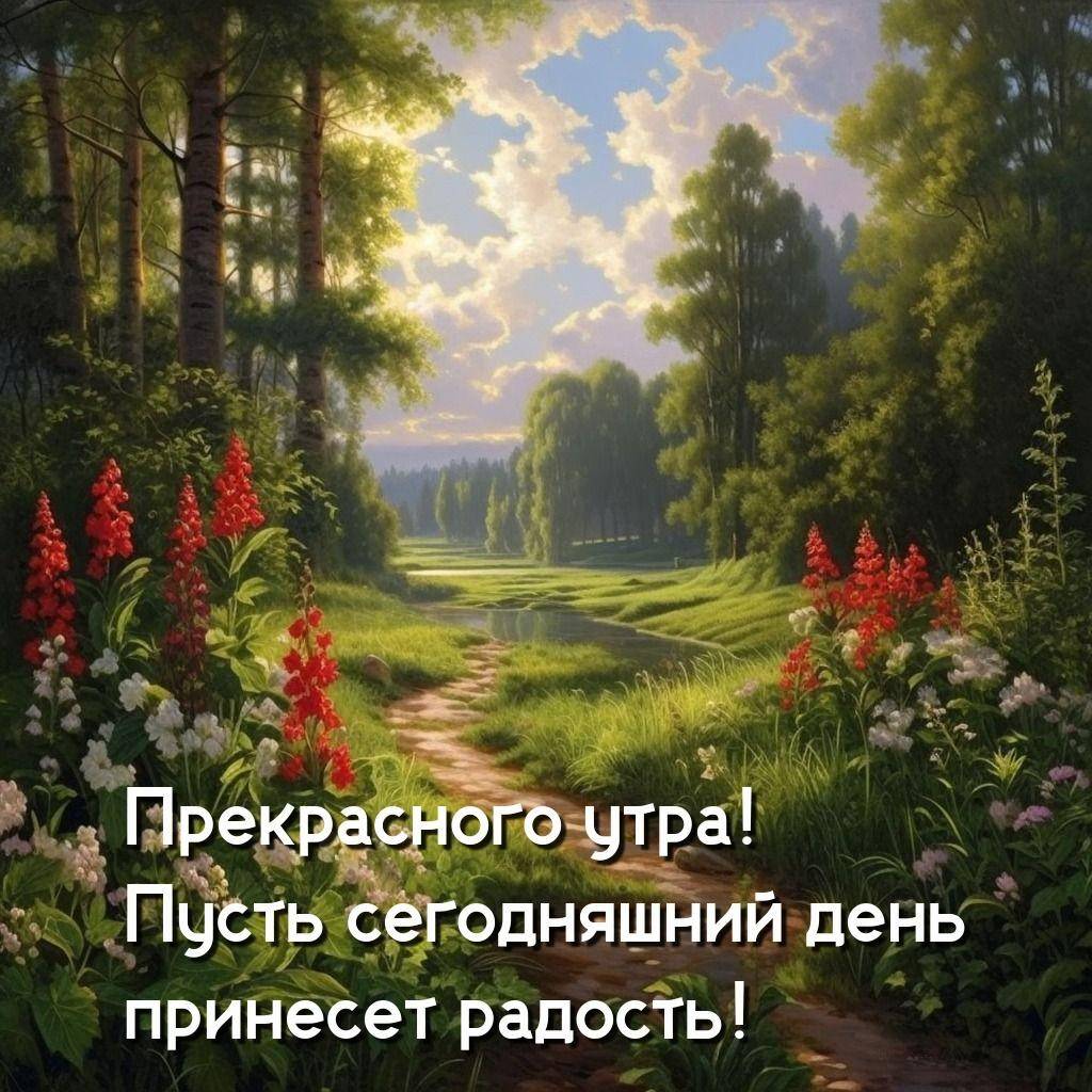 Яркие цветы, грунтовая дорожка и деревья