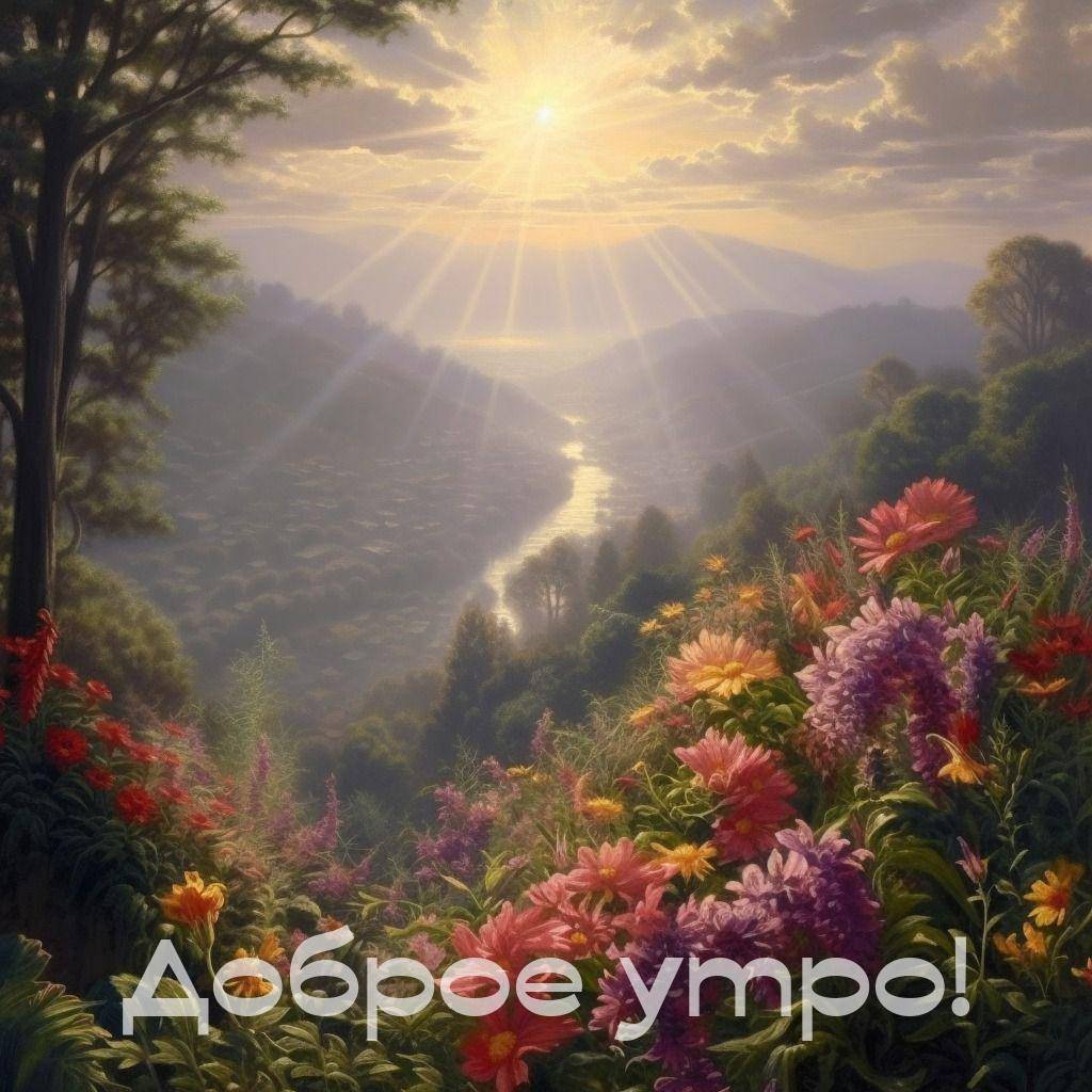 Яркие цветы на зелёном холме с горными склонами и рекой
