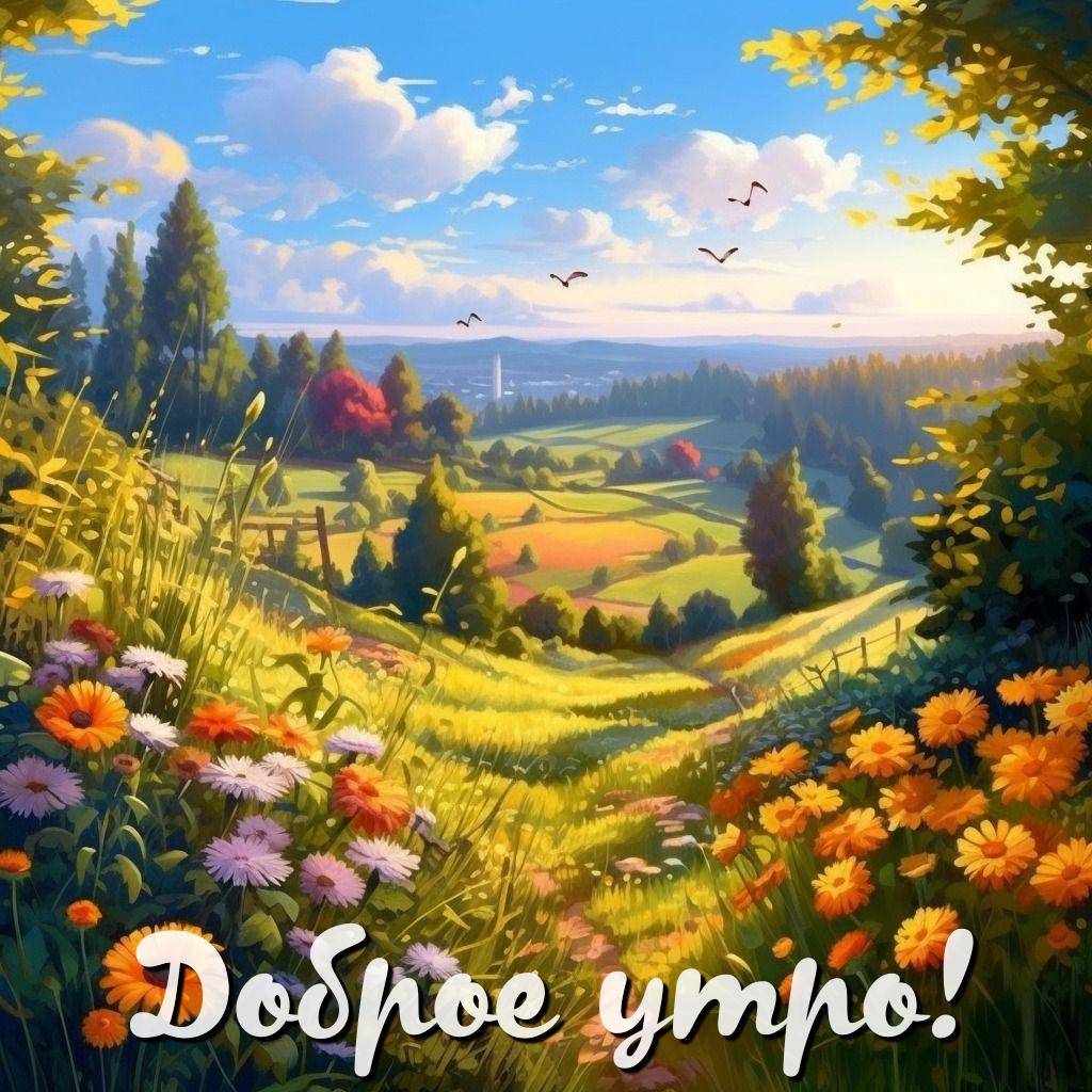 Яркие цветы на зелёном склоне, холмы на фоне