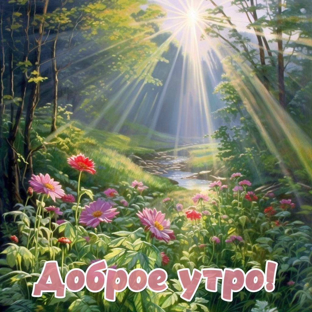 Яркие цветы среди зелени на фоне реки