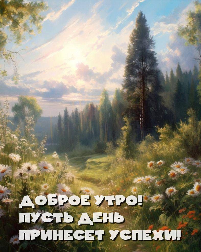 Яркие цветы, тропа и деревья на фоне утреннего неба