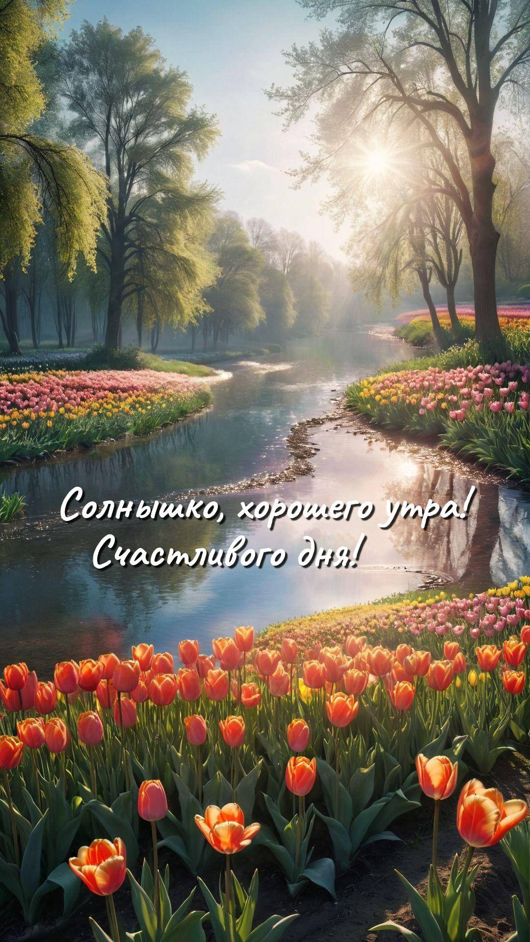 Яркие тюльпаны у реки на фоне зелёных деревьев