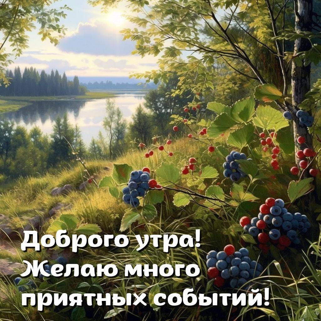 Яркие ягоды на фоне зелёных трав, озера и неба