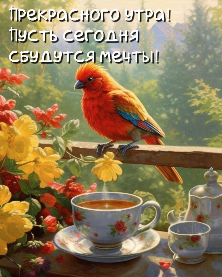 Яркий попугай на перилах с цветами и чайным набором