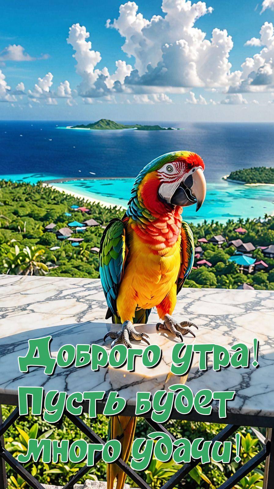 Яркий попугай с разноцветными перьями на мраморном столе