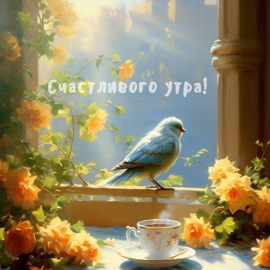 Ярко-голубая птичка на подоконнике среди желтых цветов