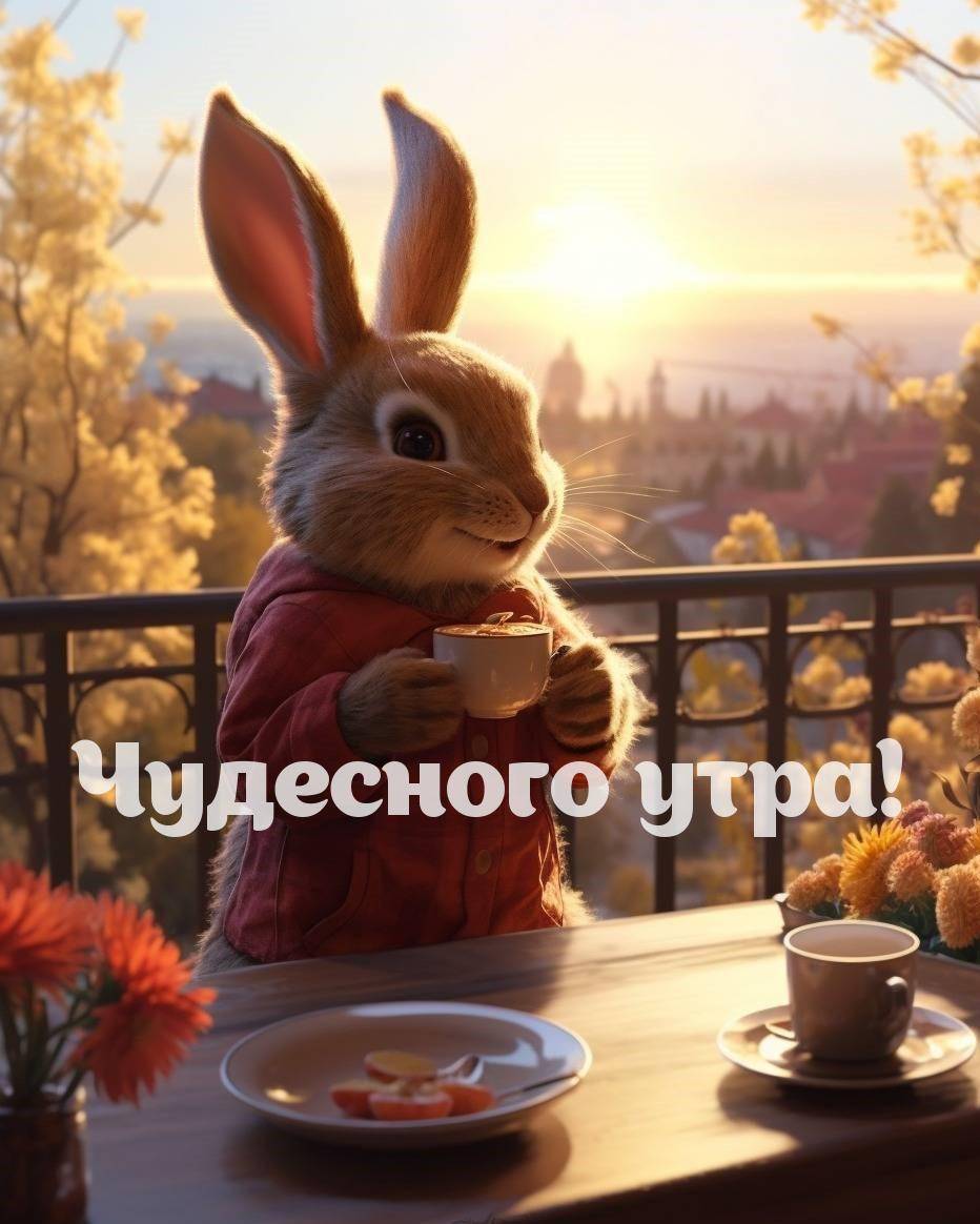 Зайчонок на балконе с чашкой кофе в руках.