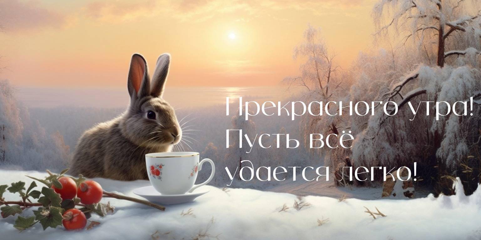 Зайчонок на снегу с чашкой чая