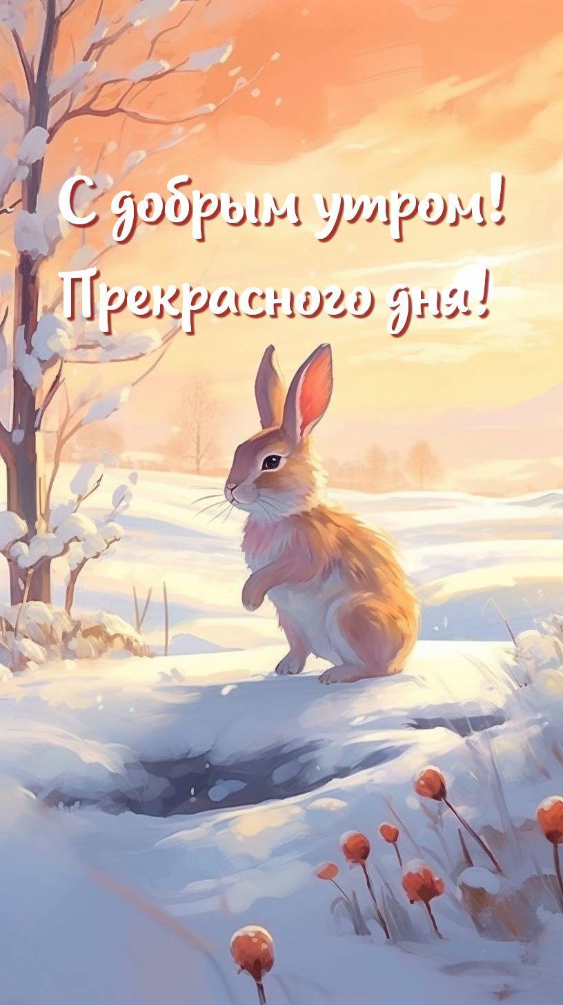 Зайчонок на заснеженной поляне под утренним солнцем