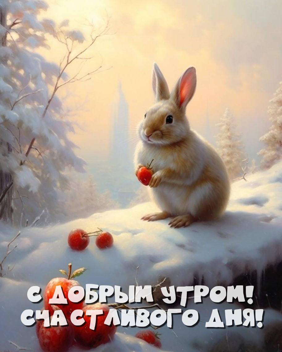 Зайчонок с яблоком на снегу