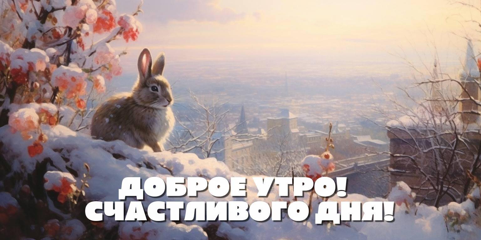 Зайчонок в снежных кустах под утренним солнцем