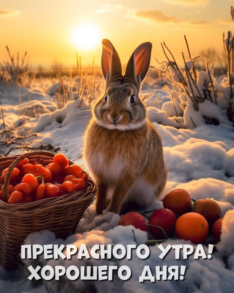 Зайчонок встречает рассвет среди заснеженных полей