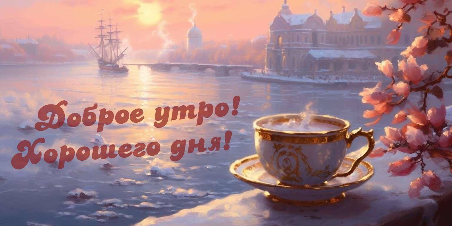 Заснеженный берег с чашкой кофе на фоне моря