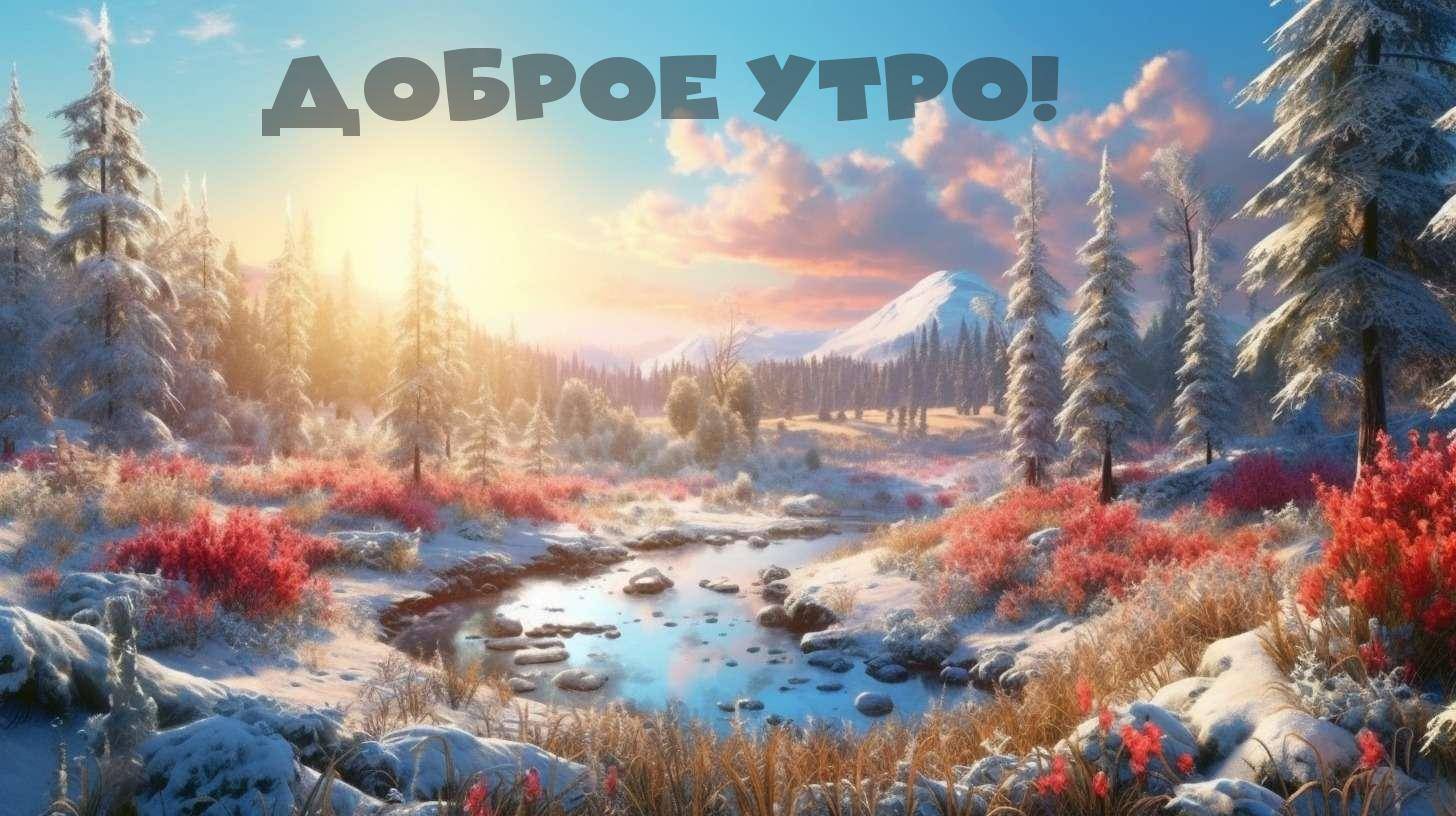 Заснеженный лес на зимнем утреннем рассвете, первые лучи солнца играют со снегом.