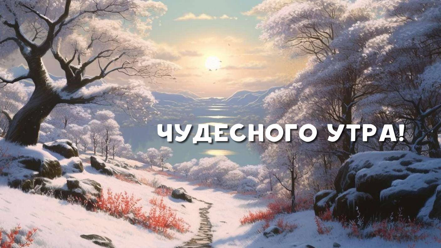 Заснеженный пейзаж с первыми лучами утреннего света.