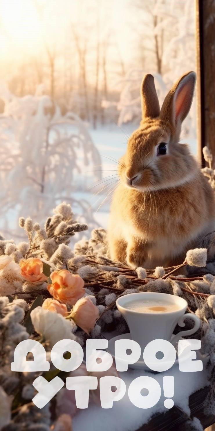 Заяц и чашка кофе на зимнем утреннем свете.
