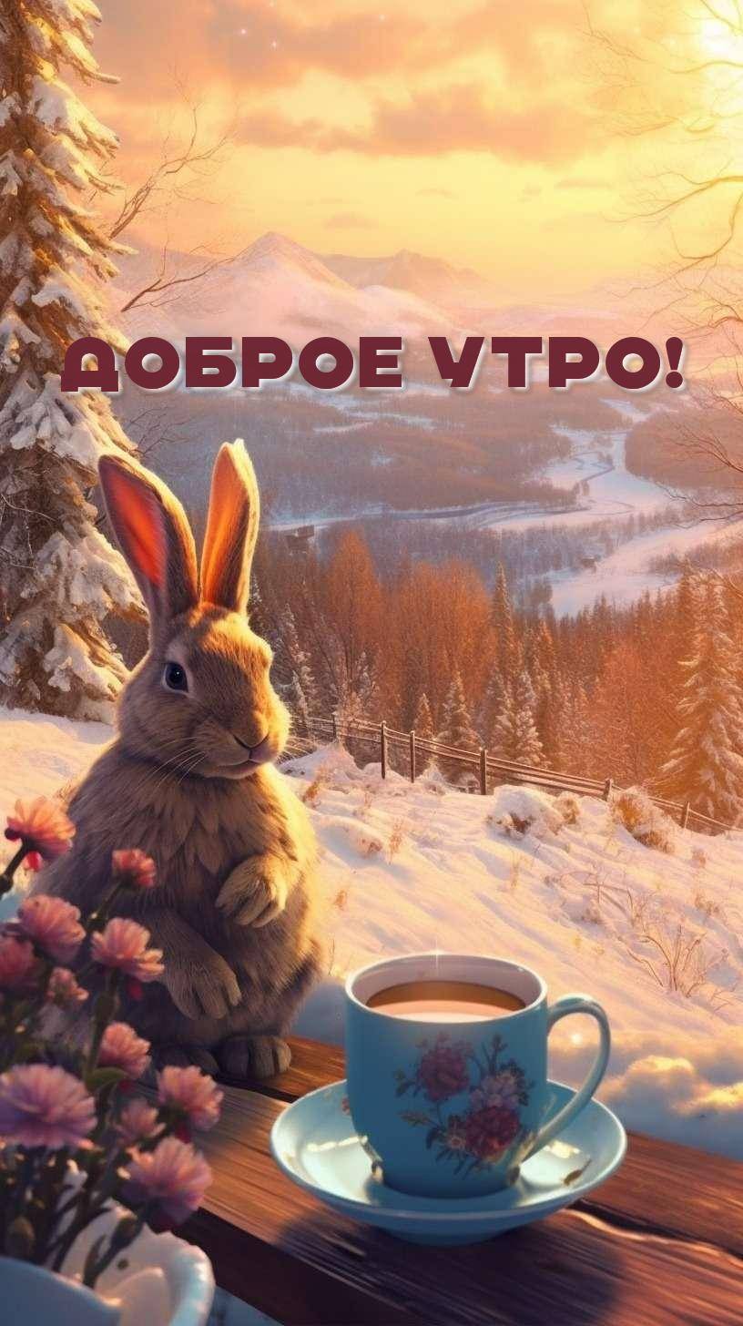 Заяц и кофе на столике под утренним солнцем