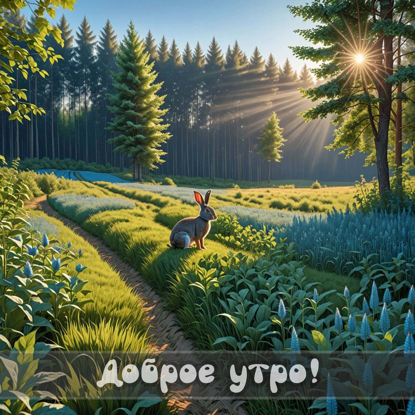Заяц на лесной дороге, окружённой цветами