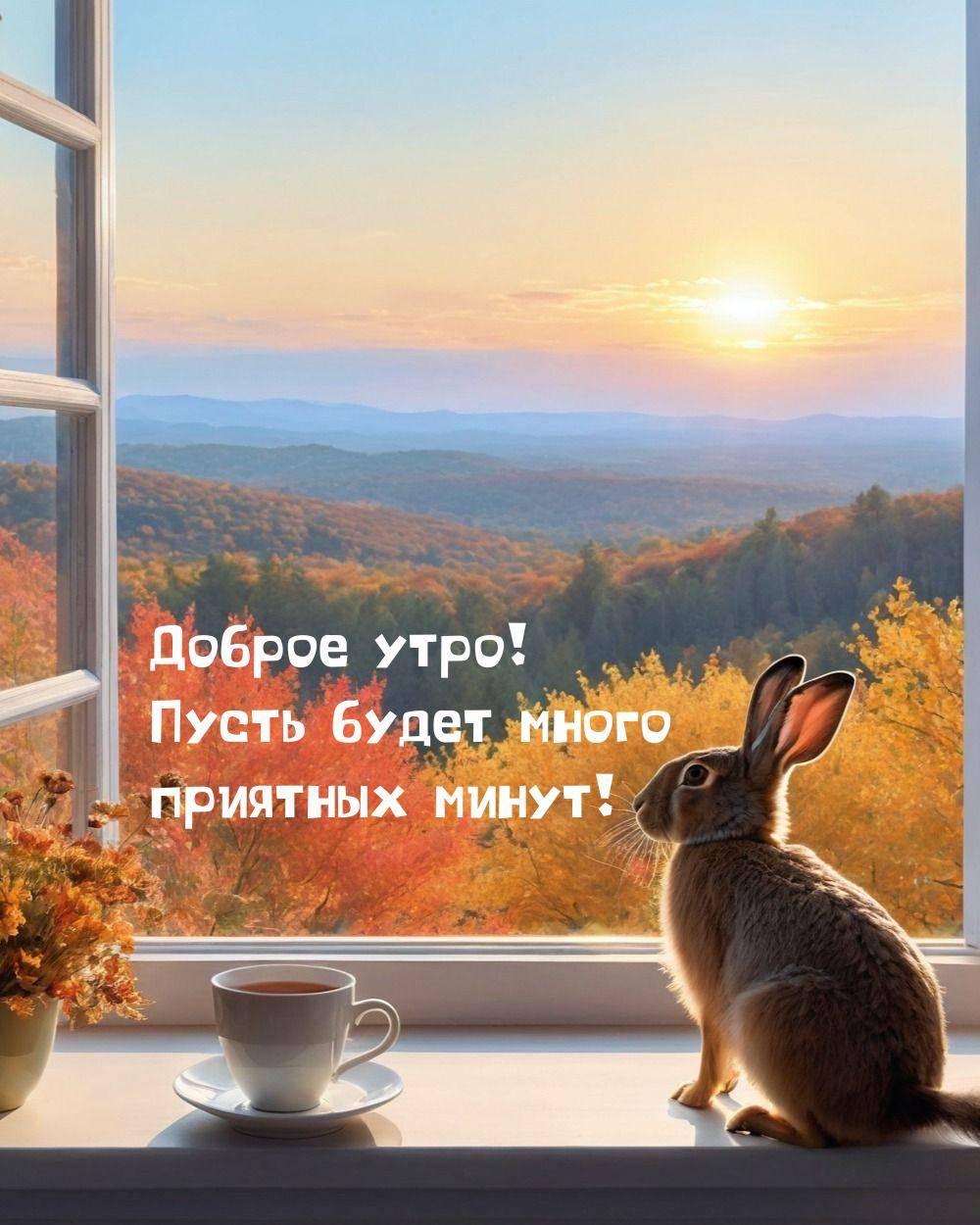 Заяц на подоконнике, осенний пейзаж