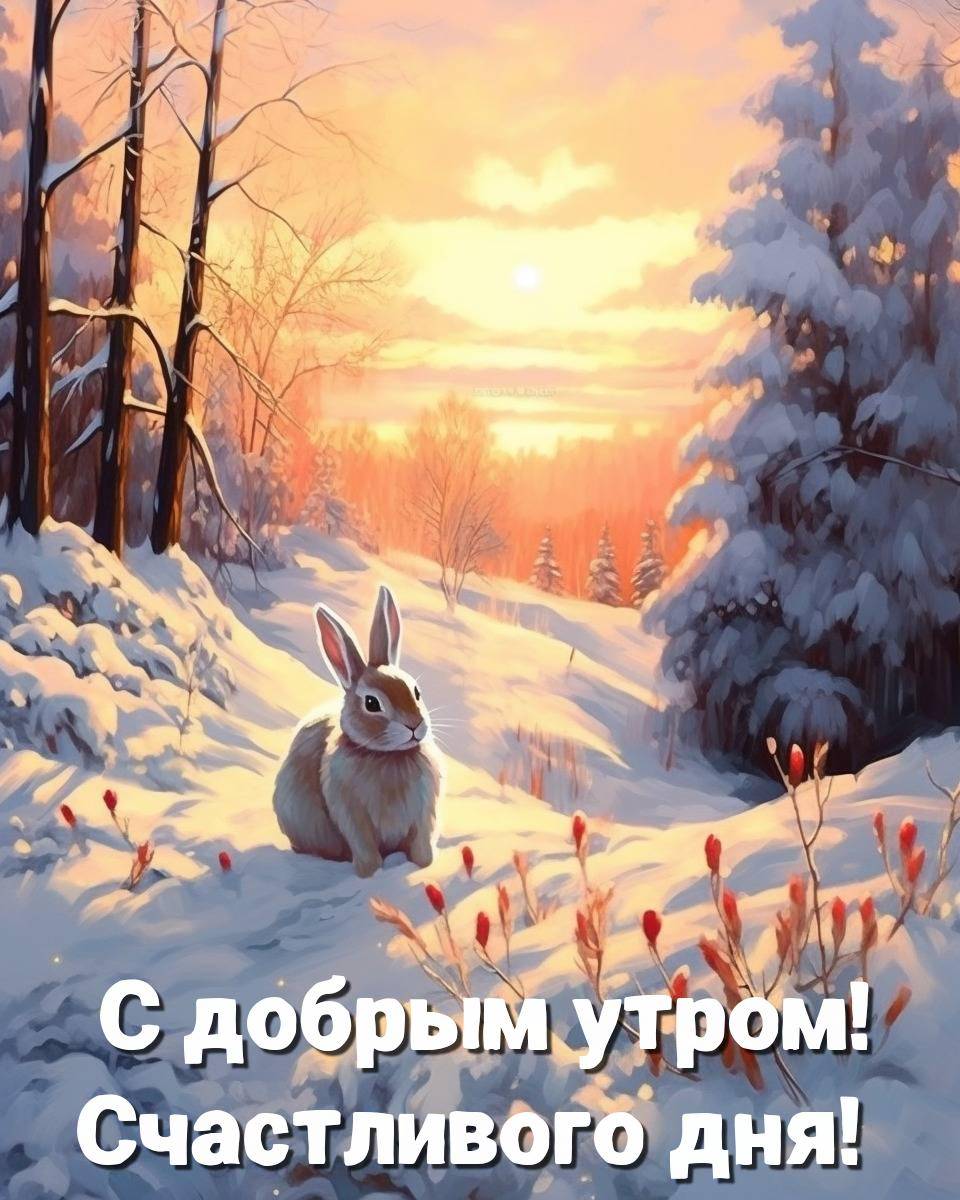 Заяц на рассвете в заснеженном лесу