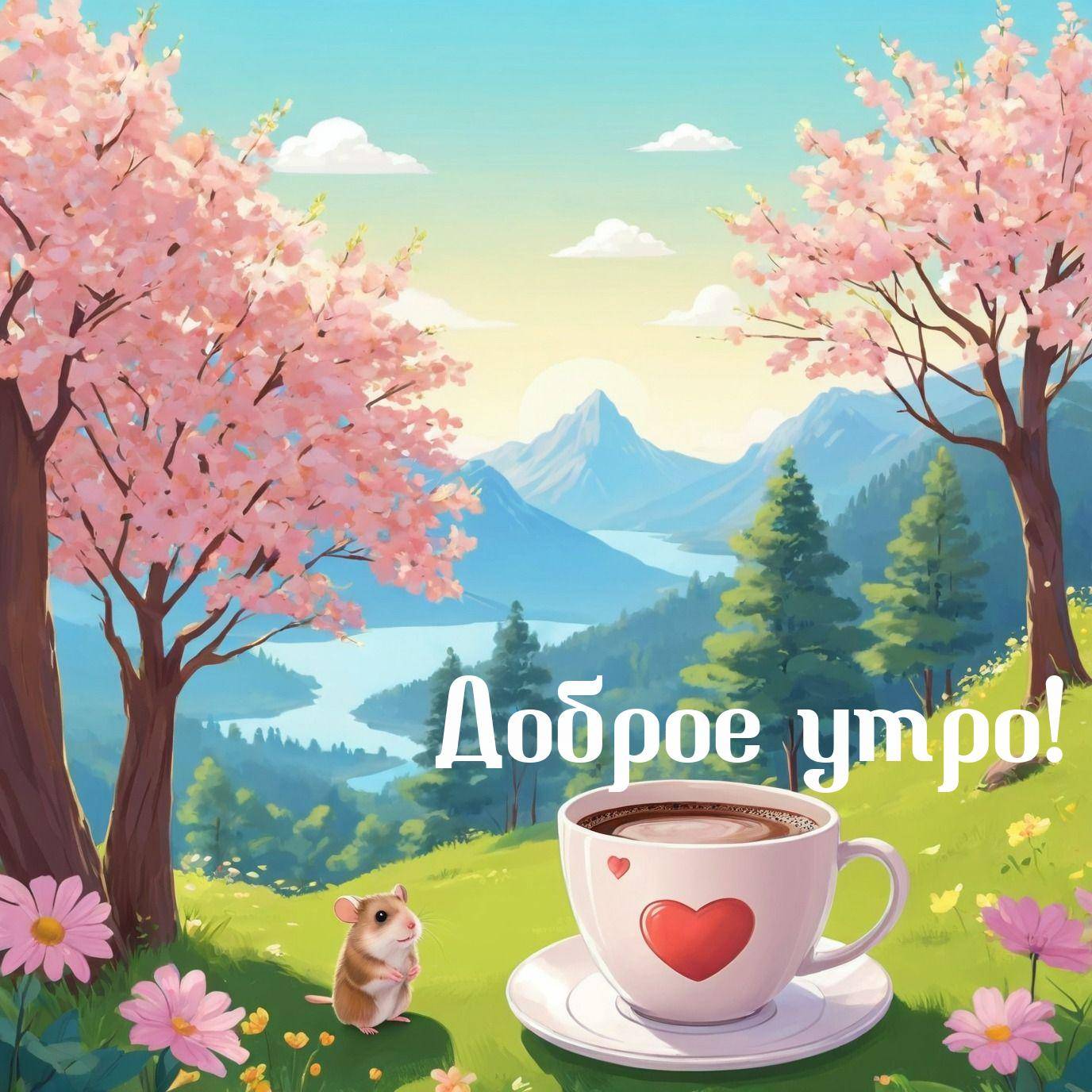 Зеленая лужайка с цветами, чашка, хомяк, сакура