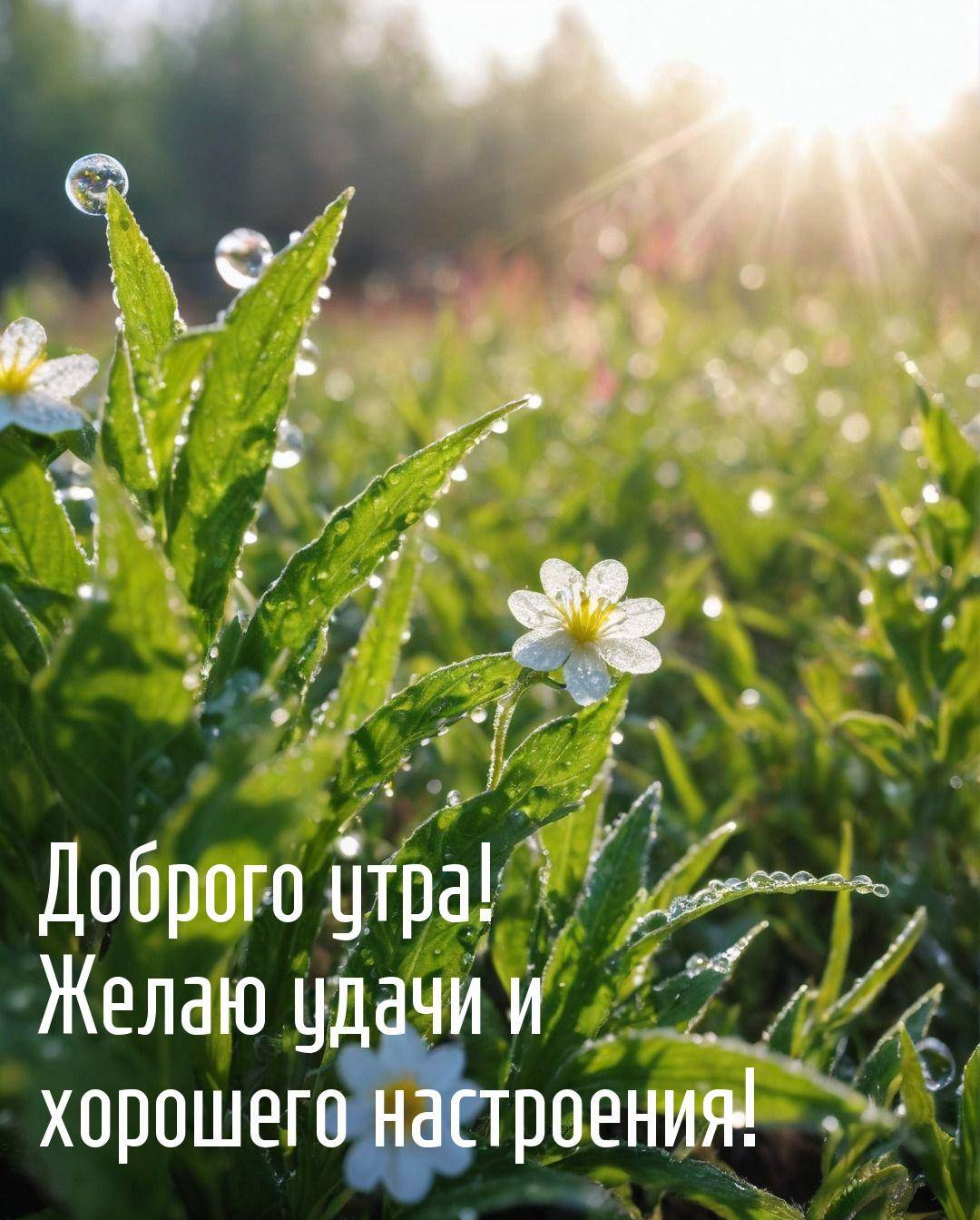 Зеленые листья с каплями росы и белые цветы на солнце