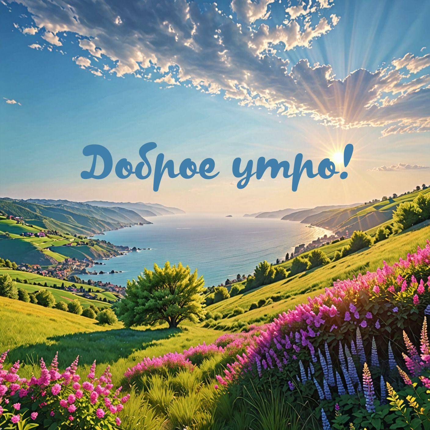 Зелёные холмы с цветами, одинокое дерево, море и горы