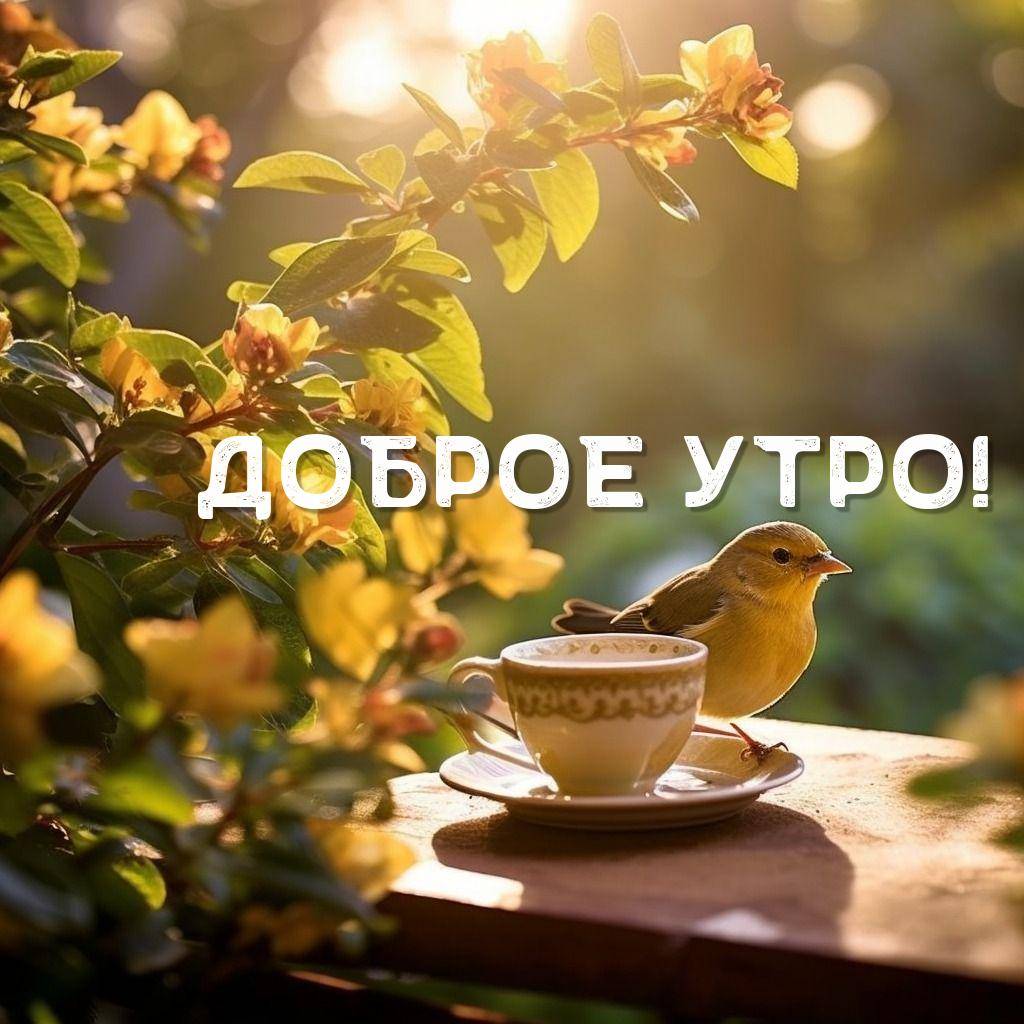 Желтая птичка на столе с чашкой и цветами