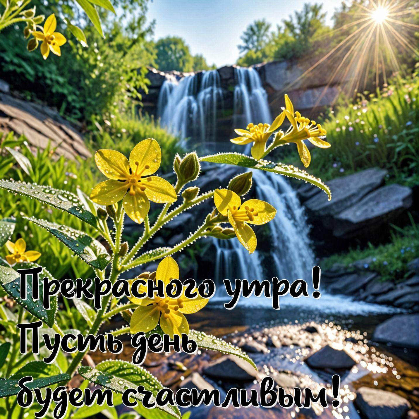 Желтые цветы и водопад