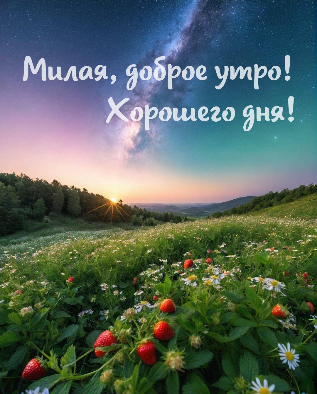 Живописная полянка с клубникой и цветами на рассвете