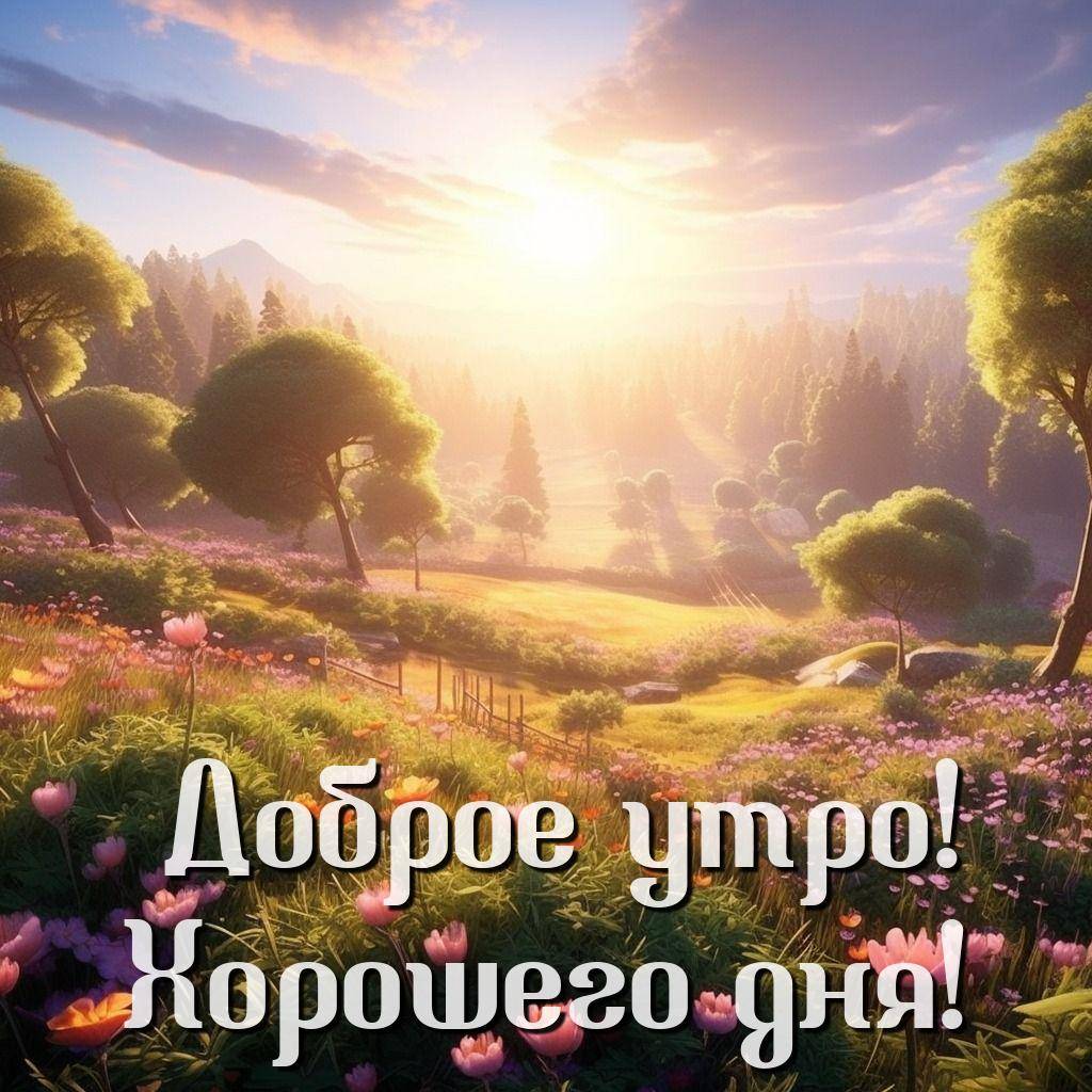 Живописная природа на рассвете, цветы на траве