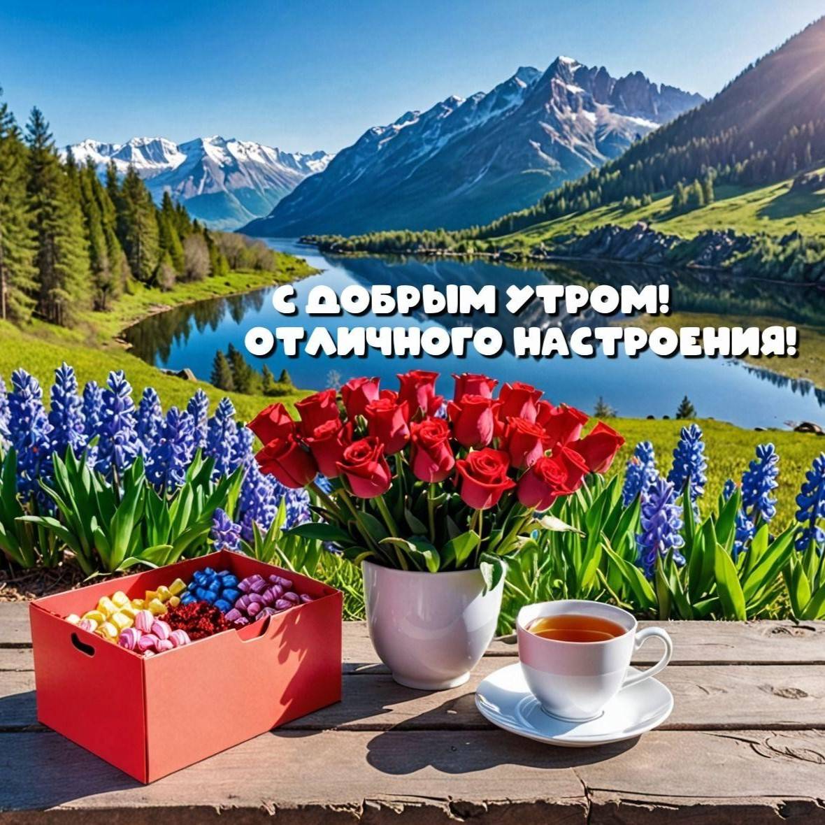 Живописная природа с озером, розами и сладостями