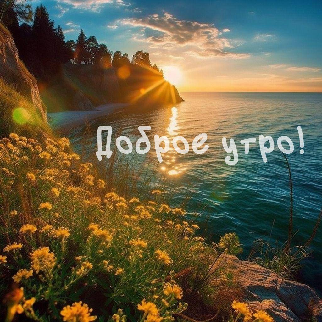 Живописная природа у моря на рассвете с цветами