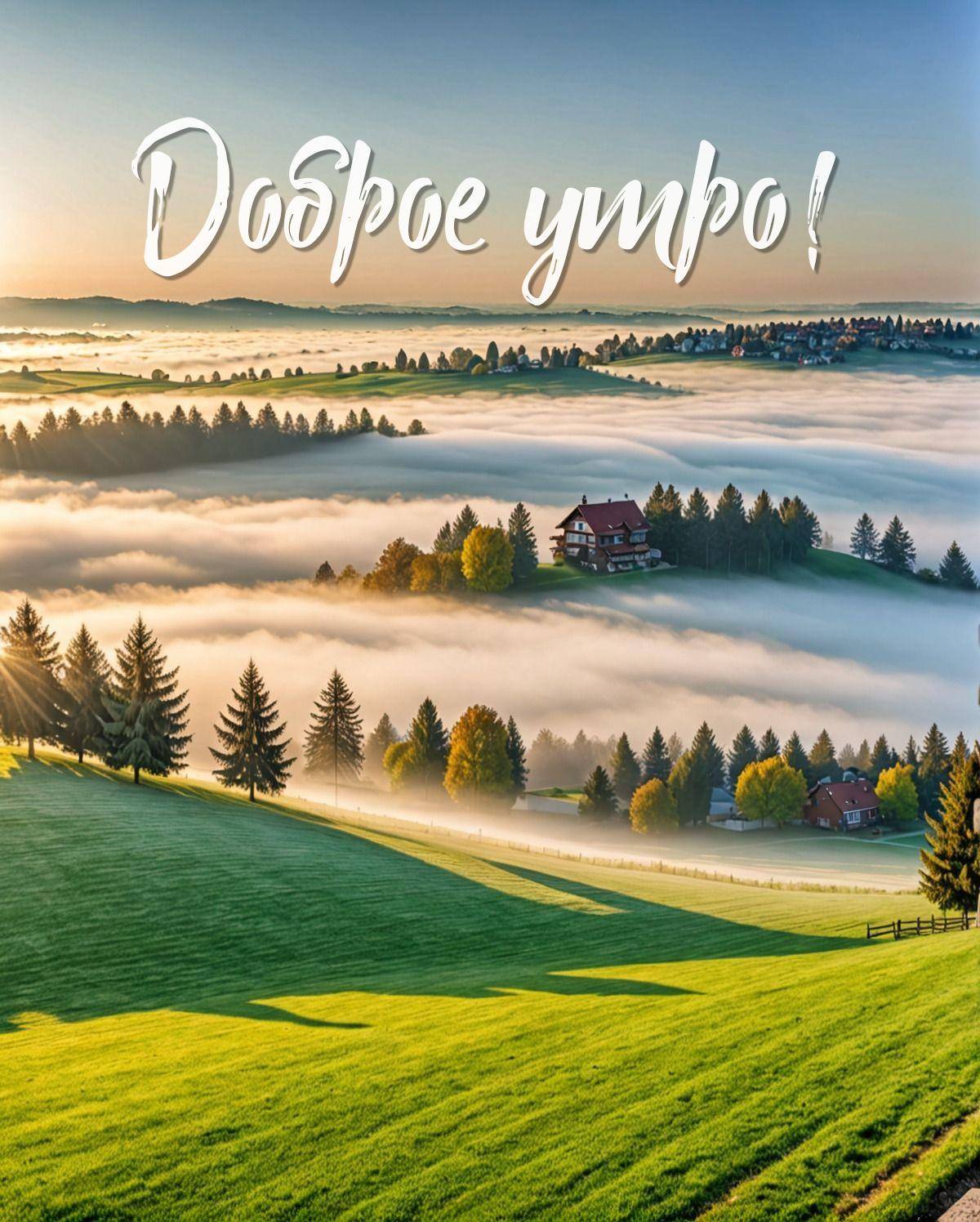 Живописная сельская местность с утренним туманом и холмами